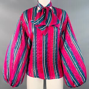 TRINA TURK Size S Pink Green Silk Metallic Stripe Bishop Bow Blouse